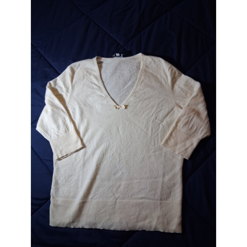 Ann Taylor Womens Ivory 100% Cashmere V-Neck Bow Sweater 3/4 Sleeve Large